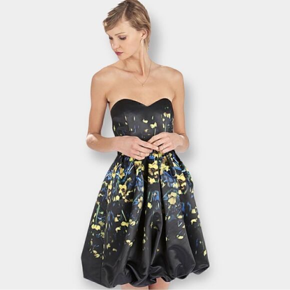 Parker Remi Black & Yellow Floral Satin Strapless Fit N Flare Cocktail Dress 2 - Picture 3 of 9
